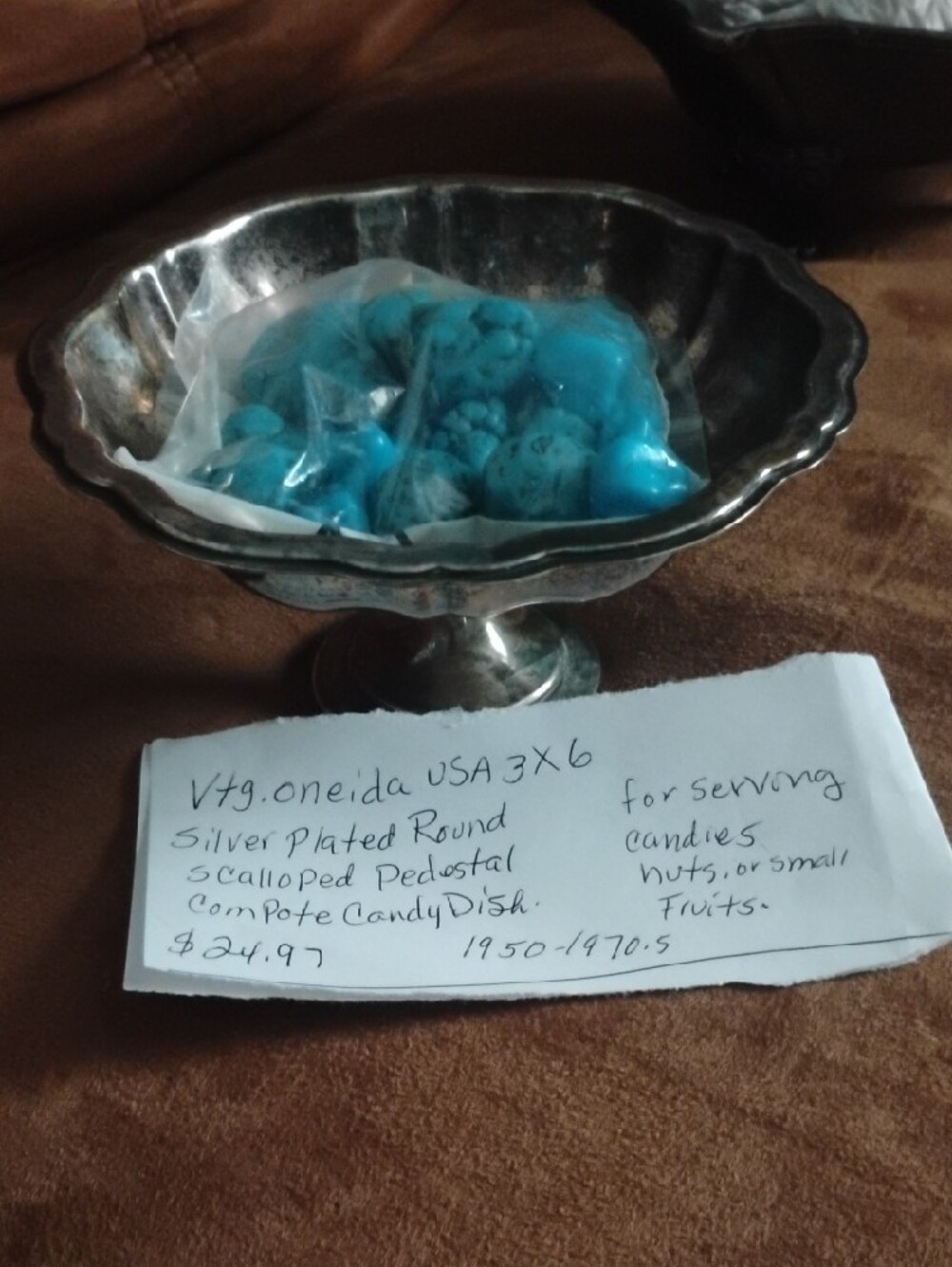 Oneida Patina Metal Pedestal Bowl in Green and Blue Tones